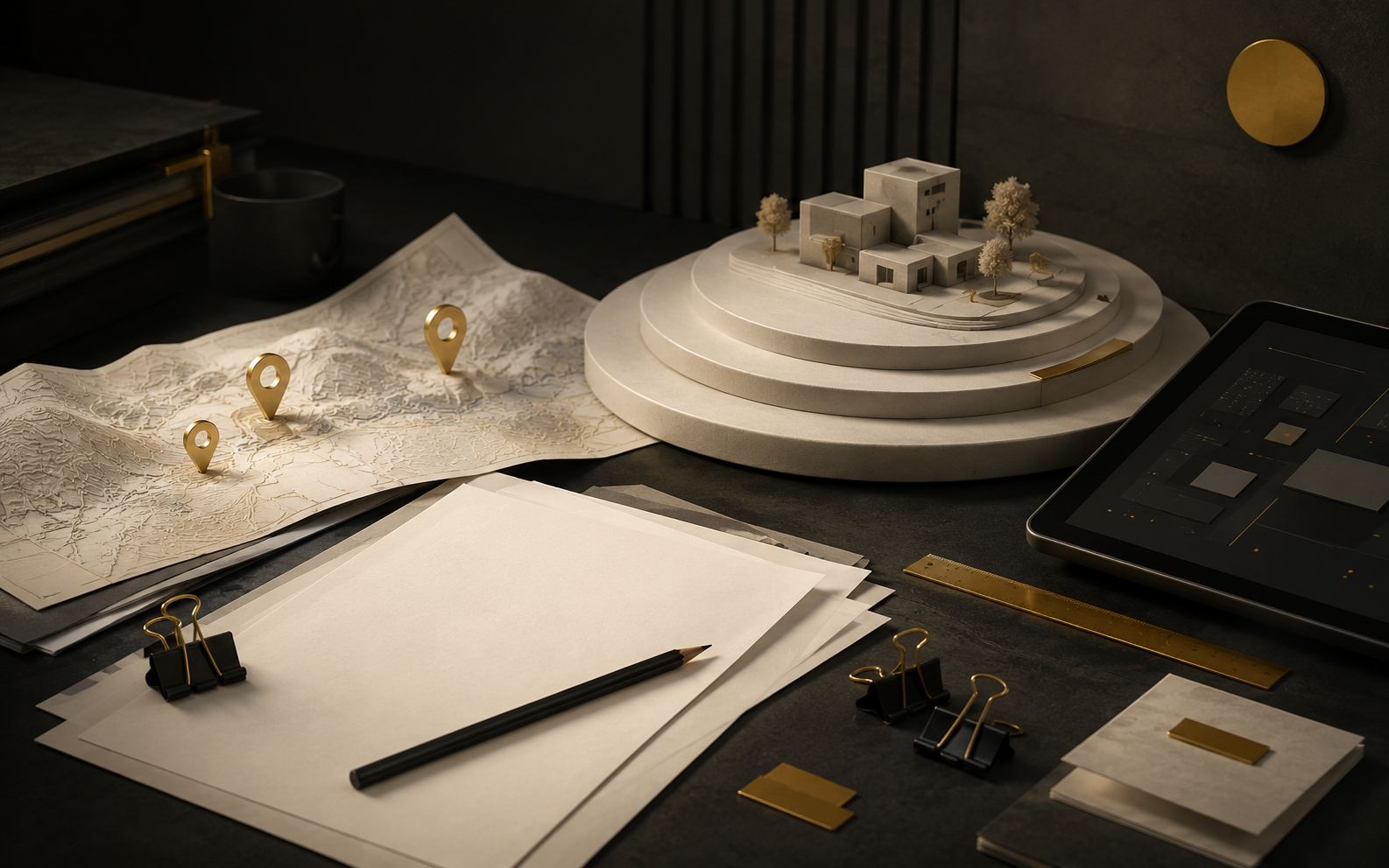 A cinematic field research desk with survey papers, regional maps, stakeholder cards, and study materials.